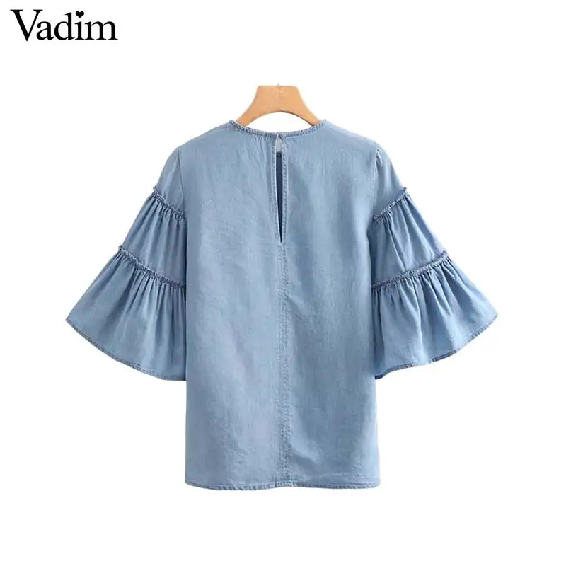 Vadim women sweet ruffled tencel denim blouse loose-fitting flare sleeve o neck shirts female summer casual tops blusas DA002 |