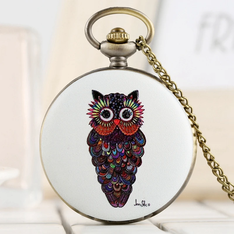

Colorful Owl Bird Quartz Pocket Watches Women White Fob Watch Men Analog Clock Necklace Pendant Luxury Gifts for Kids Boys Girls