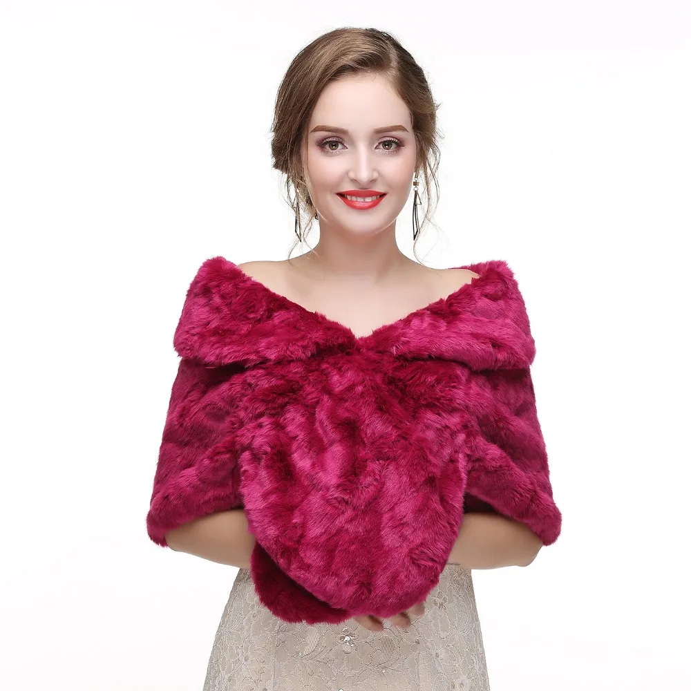 

New Arrival Rose red Winter Faux Fur Bridal Jacket Warm Boleros Luxurious Wedding Bride Wraps Cape Wedding Jacket