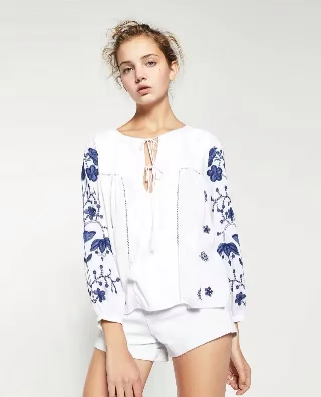 Ladies' Embroidered Peasant Tunic Top Relaxed Fit Blouse Boho Hippie Mexican Loose |
