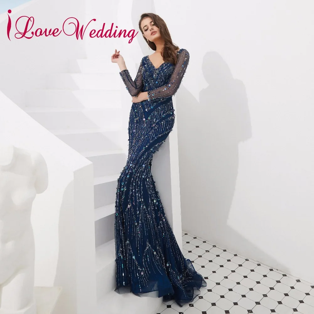 Роскошное темно-синее официальное платье ilovebridal с длинными рукавами сексуальные