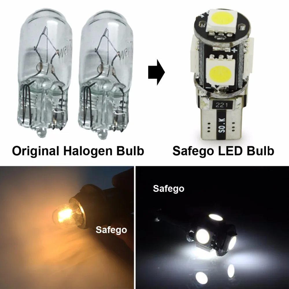 Safego 10 шт. светодиодный T10 CANBUS 5SMD 5050 194 168 2825 W5W Canbus 501 белый боковые зеркала