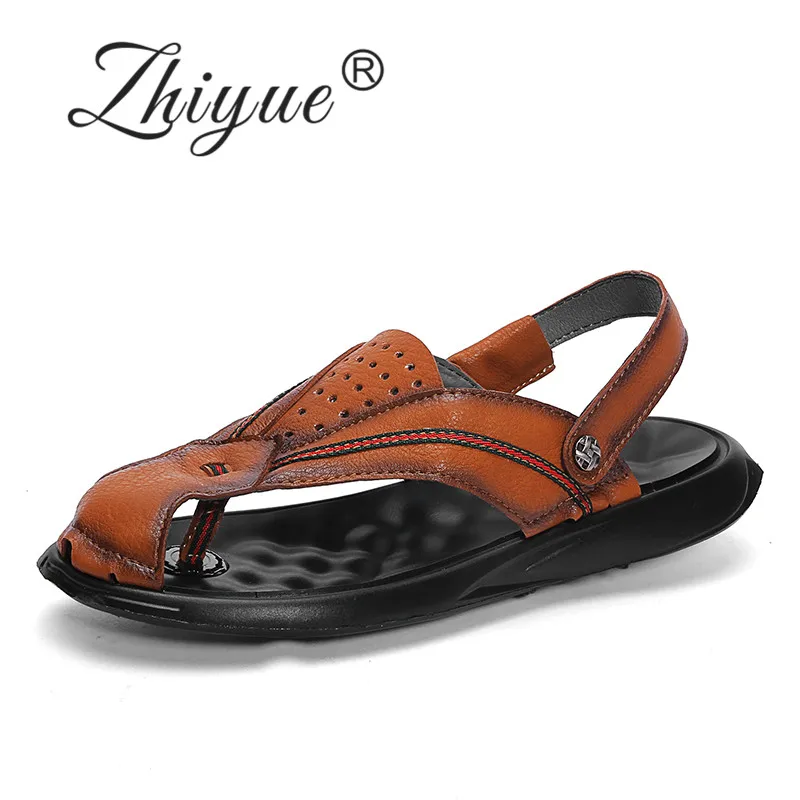 Чжи Юэ шлепанцы летние мужские сандалии ручной работы кожаные пляжные Для мужчин