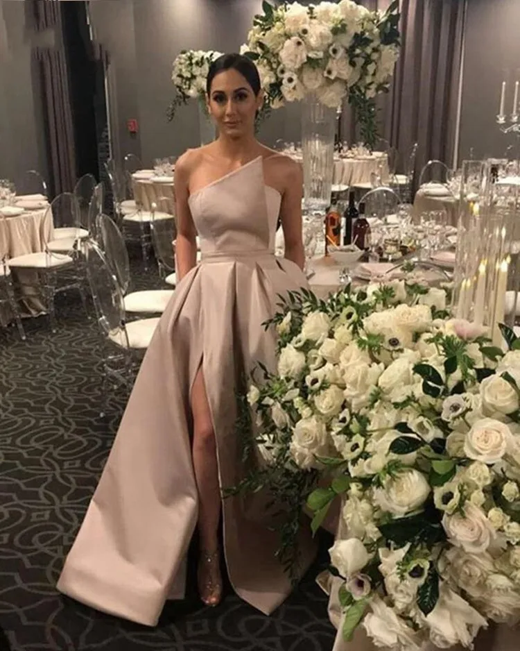 SHJ751 Long Evening Dress 2019 Simple Elegant Split Lebanon Strapless Arabic Style Champagne Women Formal Gowns | Свадьбы и