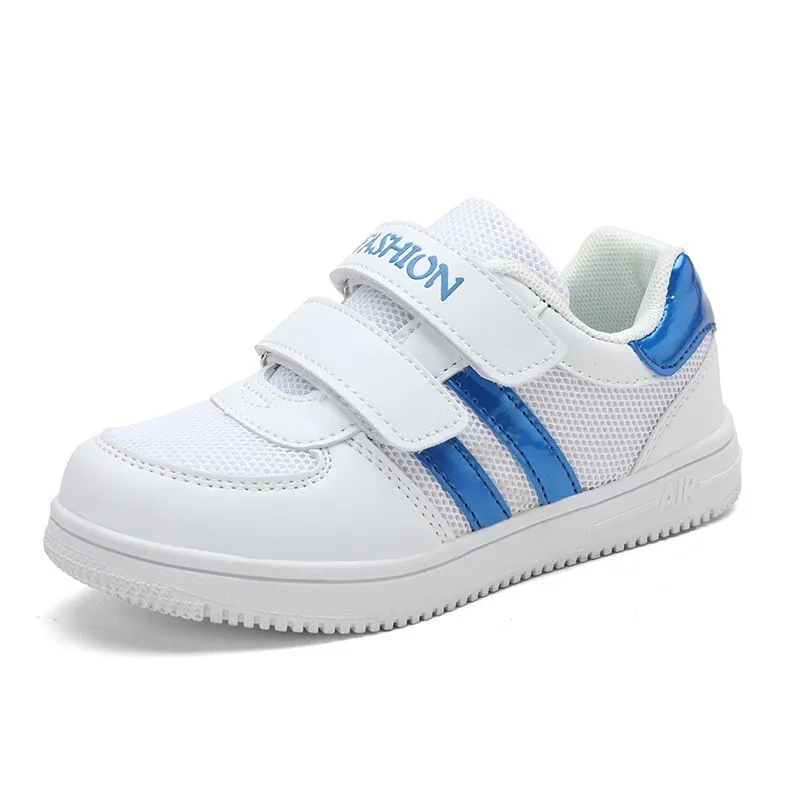white and blue Kid Running Shoes White Sneakers For Boys Sport Shoes Pu Leather Tenis Infantil Girls Footwear Velcro Casual Chaussure Enfant - Color: white and blue