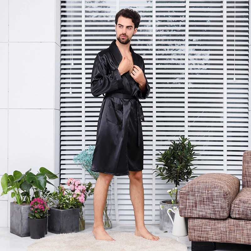 Summer Men's Faux Silk Sleepwear Robe Casual Loose Comfortable Print Kimono Robes Home Clothing Satin Nightly Bathrobes