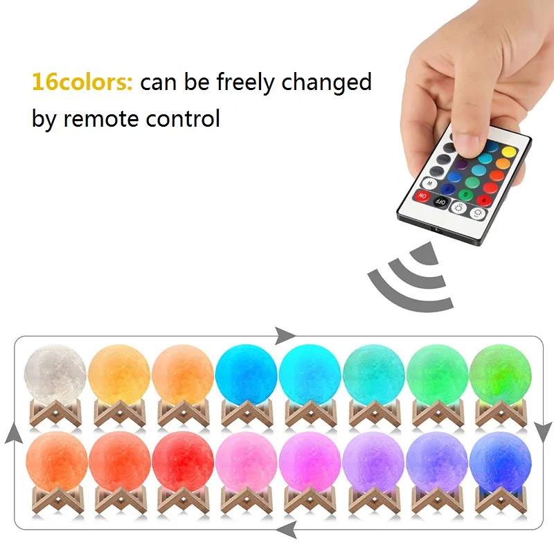 3D Принт Луна Свет Led Перезаряжаемая Ночная Лампа USB RGB 16 Цветов Изменение Пульт Управления Спальня Лунный Домашний Декор
