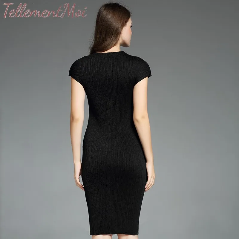 Business Dresses for Women Casual Black Short Sleeve Pleated Dress O Neck Bodycon Pencil Slim Formal Office Sheath | Женская одежда