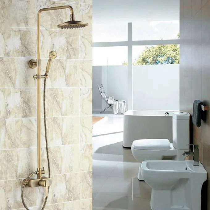 

Vintage Retro Antique Brass Single Handle Lever Bathroom 8 Inch Round Rain Shower Faucet Set Mixer Tap Hand Shower mrs175
