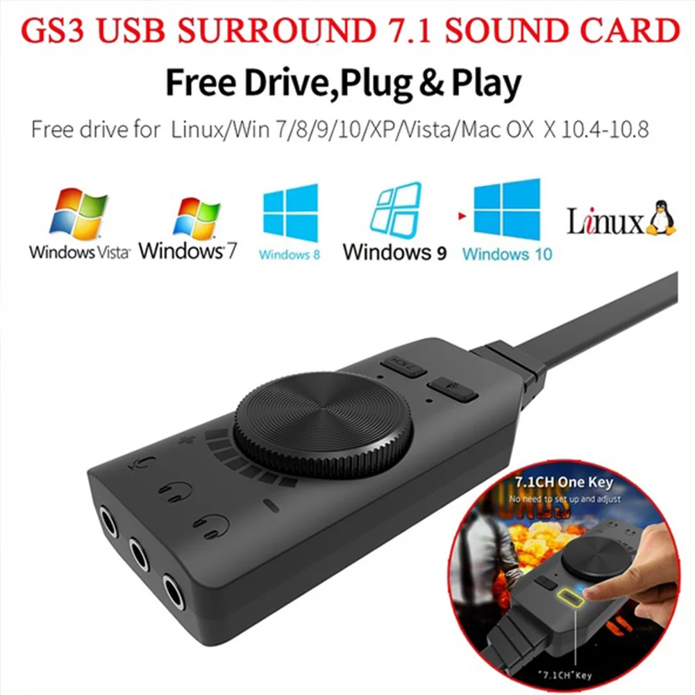 GS3 Виртуальная 7,1 канальная внешняя звуковая карта USB адаптер конвертер черный стерео аудио 3,5 мм гарнитура для ПК настольный ноутбук