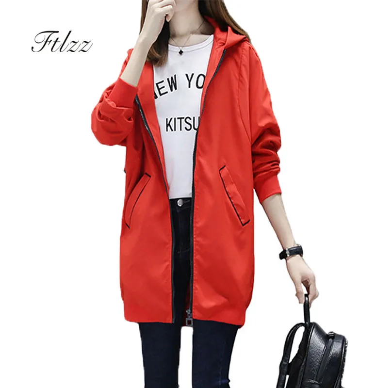 Осень ветровка 2018 Новый Для женщин Свободные Длинные рукава с капюшоном черный