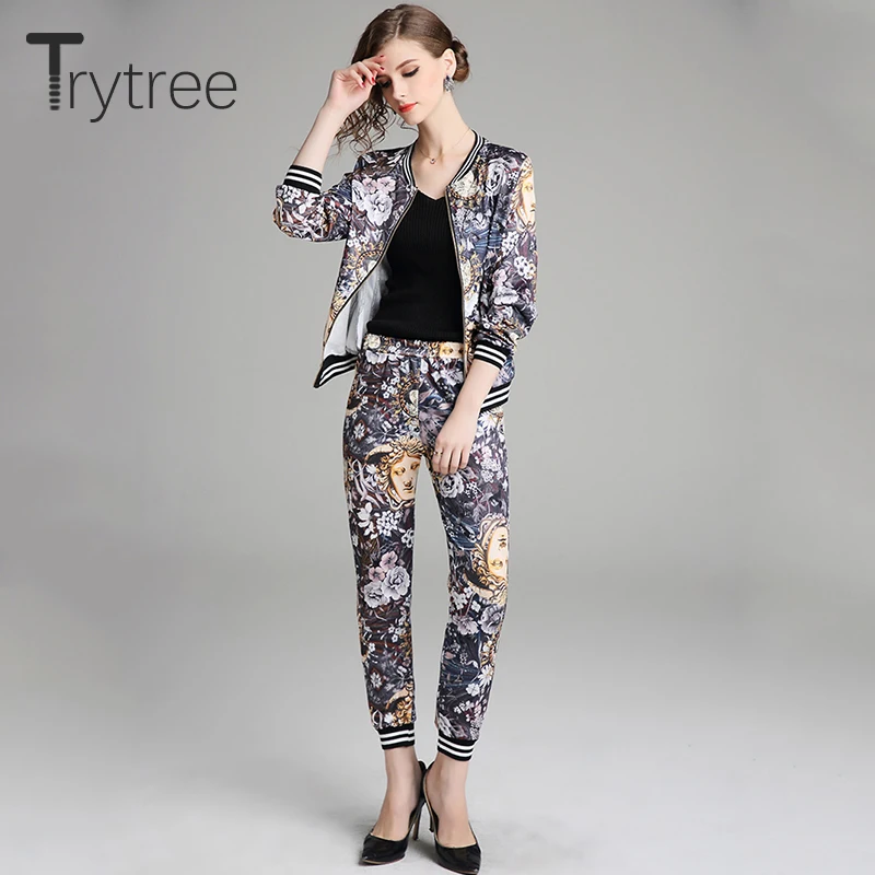 Trytree осенний Женский комплект из двух предметов с принтом Тонкий Повседневный