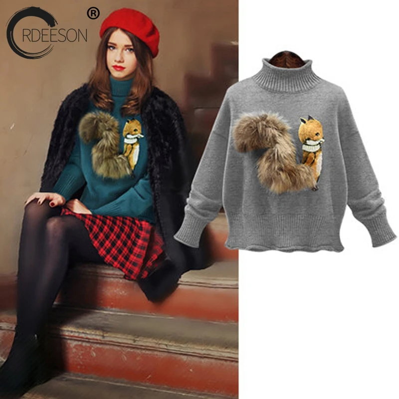 ORDEESON 3D Fox Fur Embroidery Vintage Turtleneck Fall 2017 Fashion Winter Women Sweaters and Pullovers Jumper Knitted Sweater | Женская