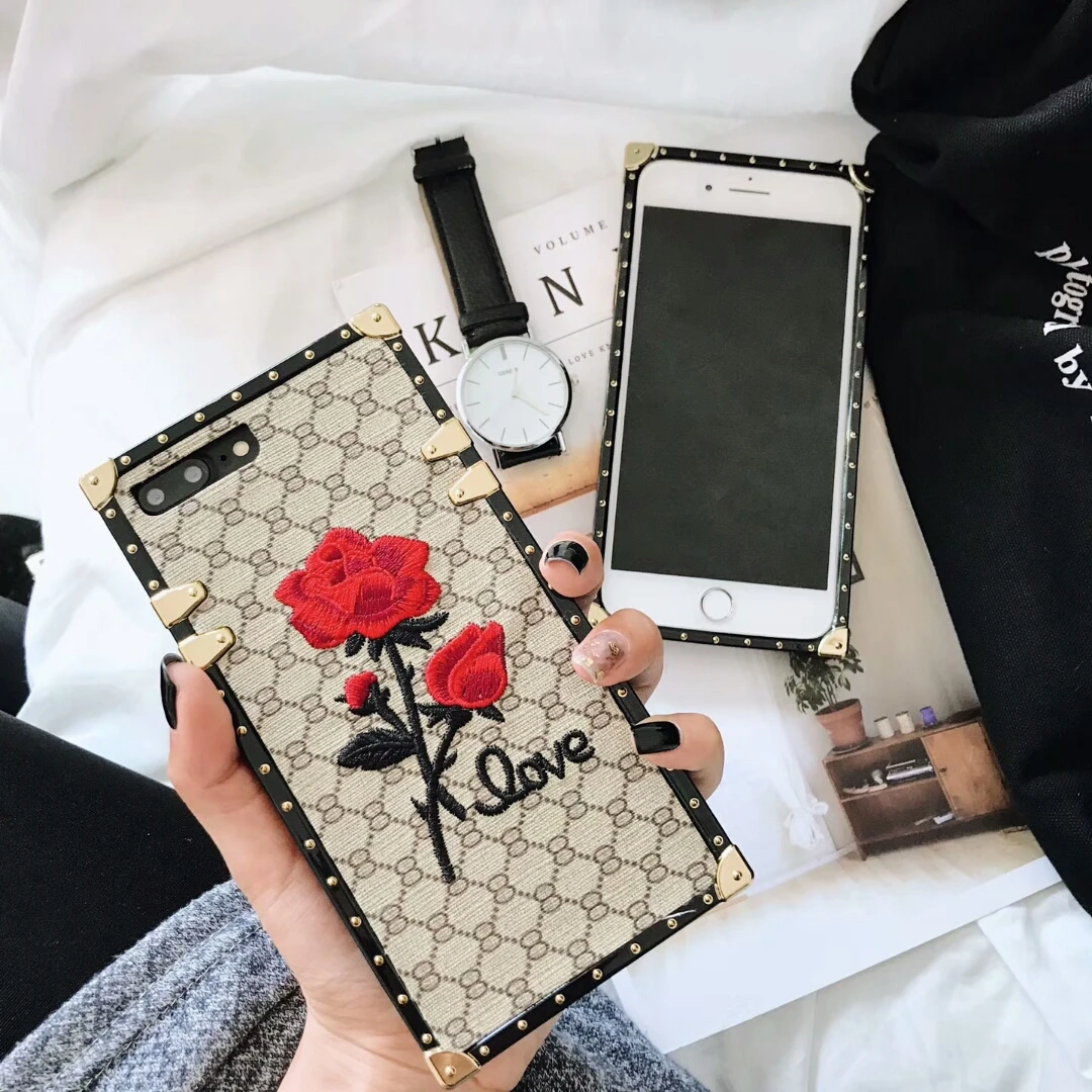 Роскошные 3D вышитые розы Чехлы для iPhone 6 6s 7 8 Plus X XR XS MAX 11 квадратная металлическая