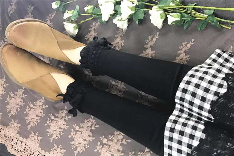 black 1327 Женские плотные леггинсы в стиле ретро Mori Girl, хлопковые леггинсы большого размера на шнуровке с бантом, винтажные однотонные базовые леггинсы с эластичной резинкой на талии 1327 - Цвет: black 1327