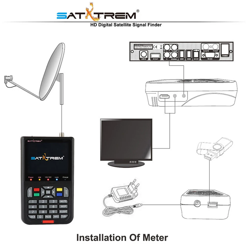 Satxtrem V8 прибор обнаружения Цифровой спутниковый Finder HD DVB-S2 Высокое разрешение 3," ЖК-дисплей спутниковый искатель MPEG-2 MPEG-4 встроенные аккумуляторы