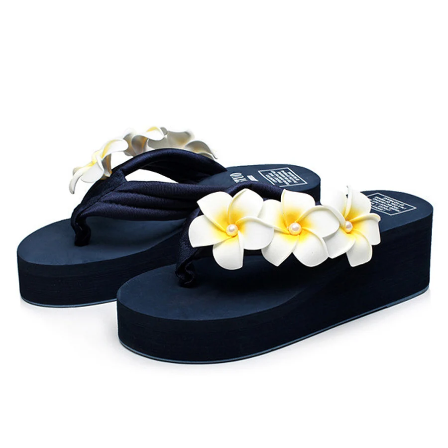 Конфеты цвета Новый женский мода лето клинья сандалии дамы цветок вьетнамки