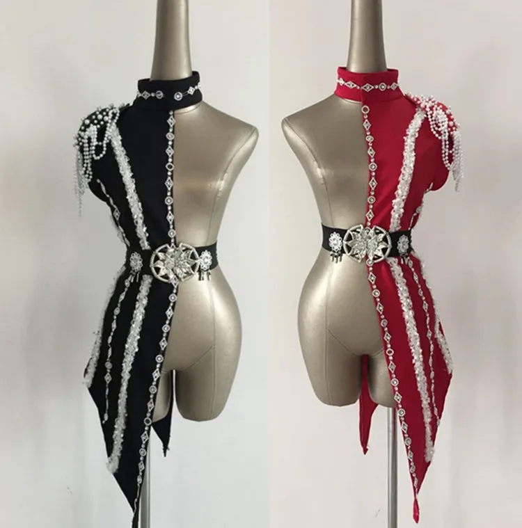 New Fashion Womens Patchwork Set Stage Singer DS DJ Costume for Adult Dancing Clothes with White Pearl Chain dance wear women |