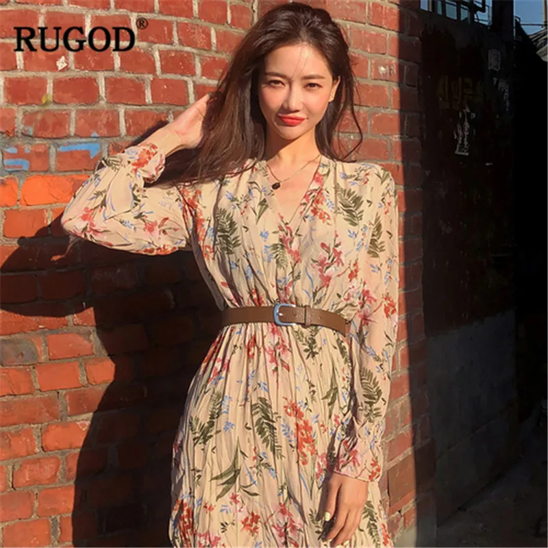 RUGOD-винтажное женское длинное платье с цветочным принтом и рукавами-фонариками