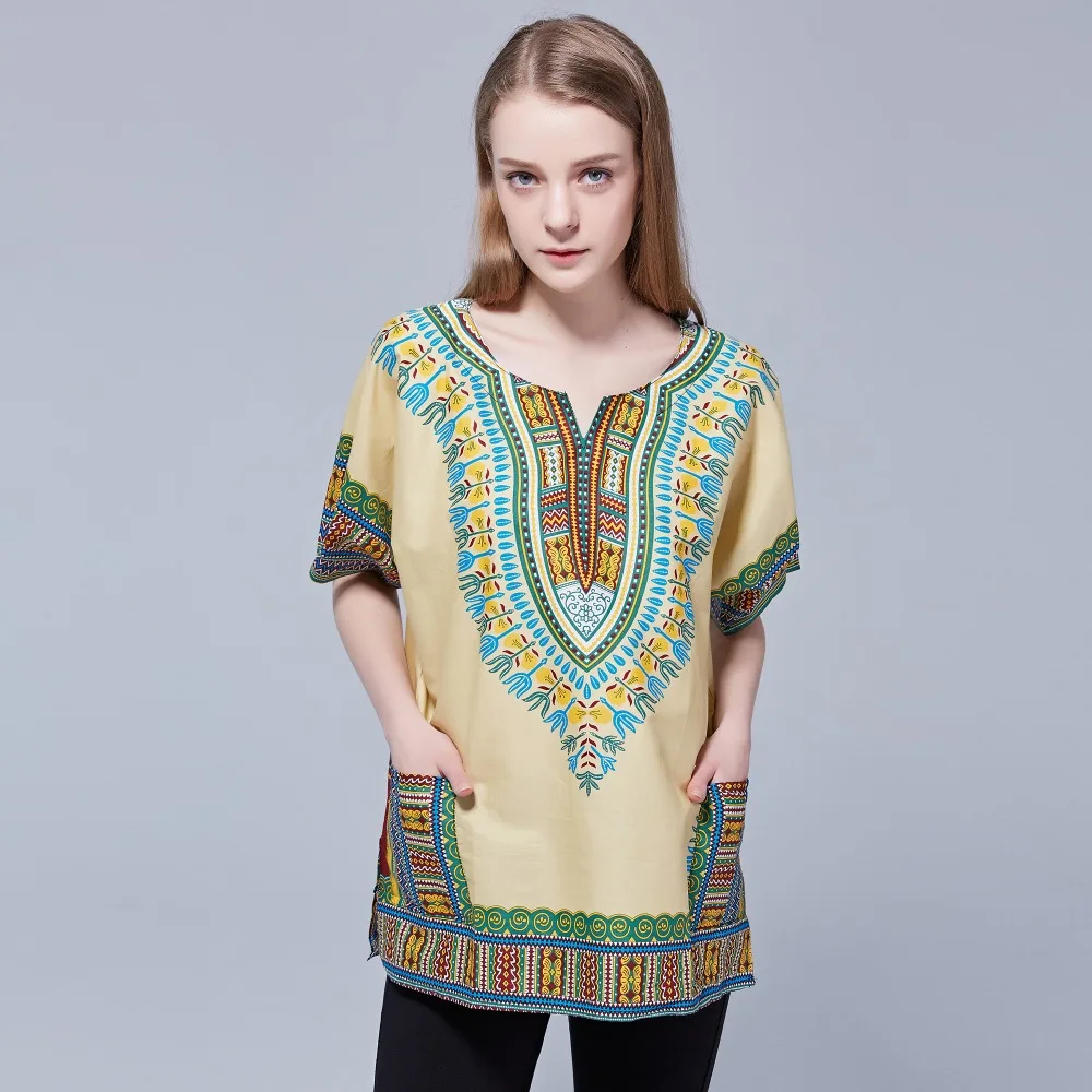 Dashikiage унисекс Этническая винтажная 70s Бохо племенная африканская рубашка с принтом Дашики хлопок Топ рубашка