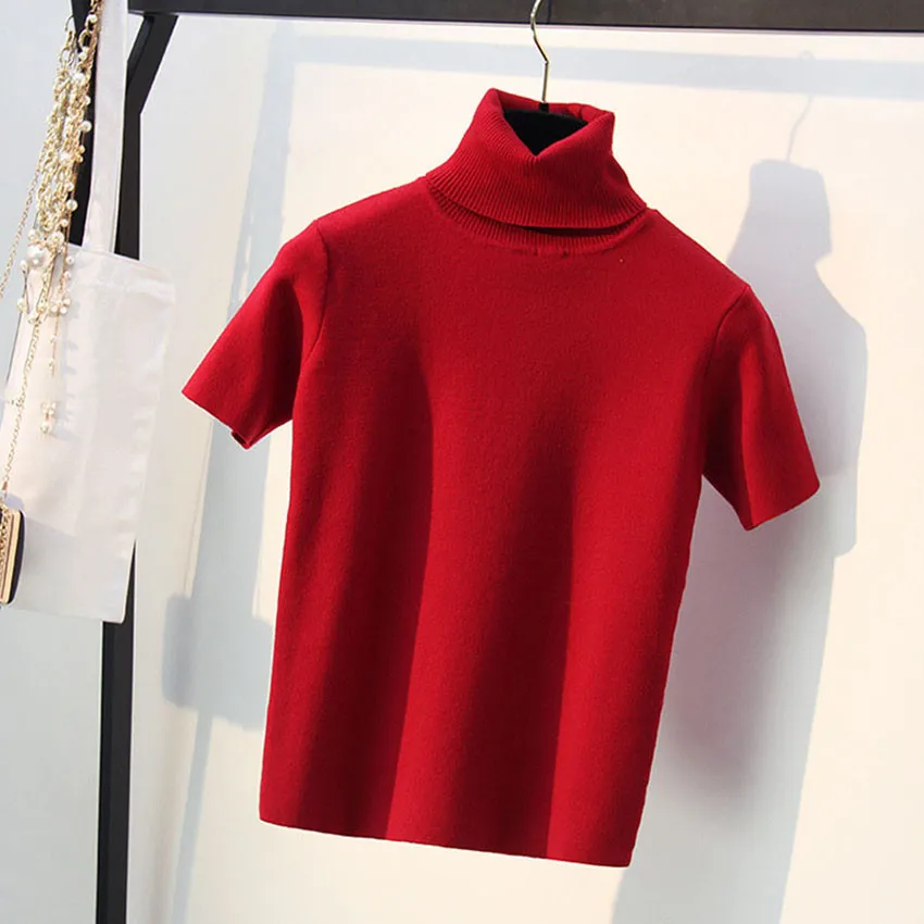 red short sleeve Весенние вязаные топы женские с коротким рукавом футболки осень зима водолазка пуловеры футболка женская вязаная футболка - Цвет: red short sleeve
