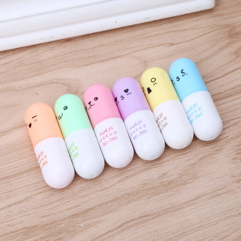 6 pcs Mini Pill Leaves Eggs Shaped Highlighter Pens For Writing Cute Face Graffiti Marker Pen Stationery School Office Supplies |