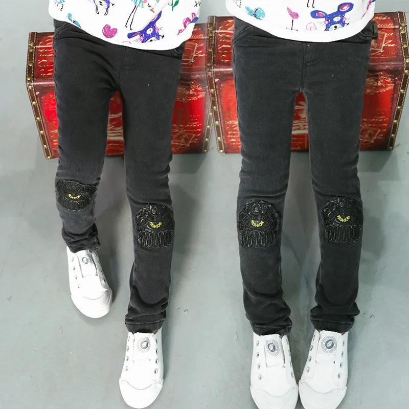 Байкерские джинсы для девочек черные детские джинсовые брюки с потертостями