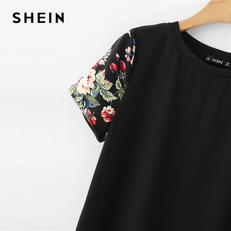 SHEIN Модная Футболка С Цветочным Принтом Цветочные Женские Повседневные Летние Топы С Коротким Рукавом