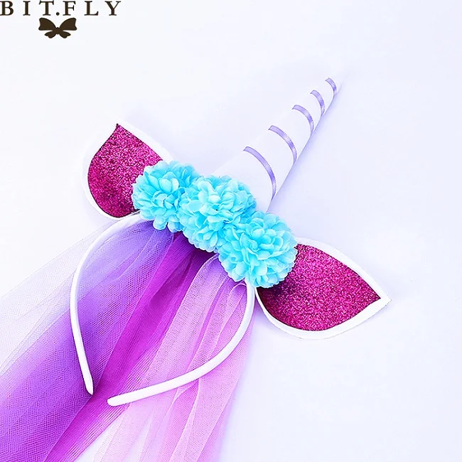 Purple BIT. FLY розовый/синий единорог оголовье Девушки пользу Кружева головные уборы с вуалью День рождения Дети Вечеринка Единорог тема украшения для вечеринки сделанные своими руками - Цвет: Purple