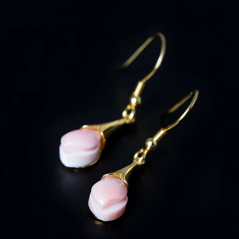 

Amxiu Handmade Magnolia Flower Earrings Pink Shell 100% 925 Sterling Silver Drop Earrings For Women Girls Party Accessories