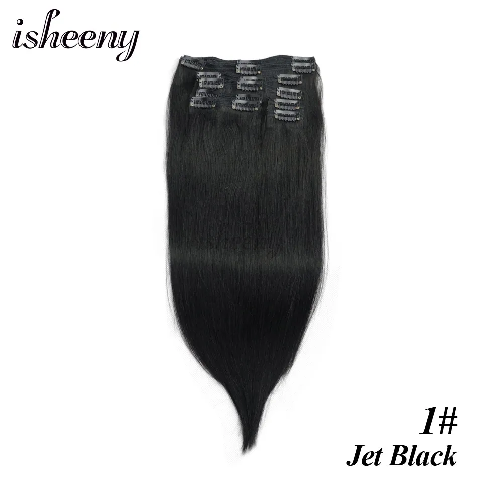 Isheeny Remy человеческие волосы на клипсах для наращивания волос 1"-20" 8 шт./компл. из двойной уточной нити бразильские волосы на заколках для наращивания на всю голову клип на комплект - Цвет: #1