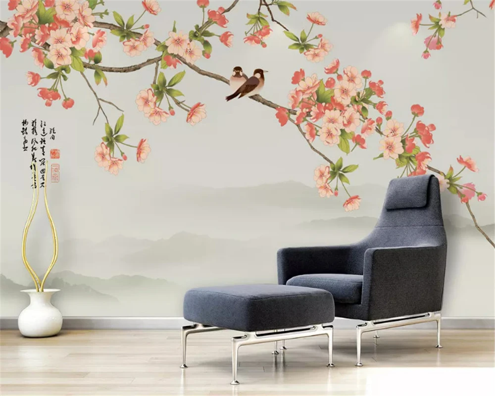 beibehang Custom decorative painting wallpaper new hand-painted plum peony flowers and birds background wall papers home decor beibehang custom wallpaper hand painted fried chicken beer wallpaper korean barbecue background decorative wall 3d wallpaper