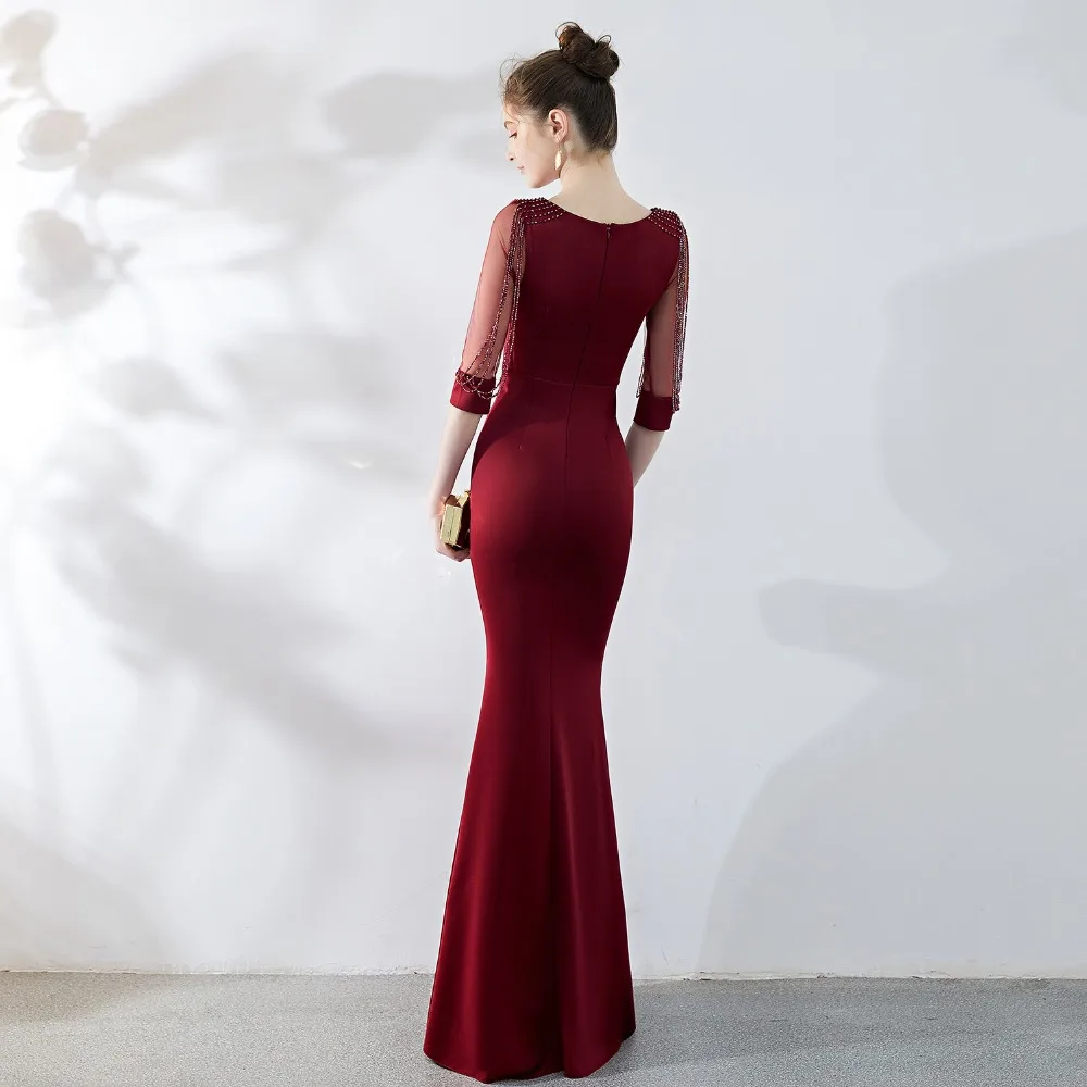 

Sladuo Wine Red Sexy Transparent Half Sleeve Floor Length Mermaid Elegant Luxury Evening Party Dress Sexy Women Nightclub Dress