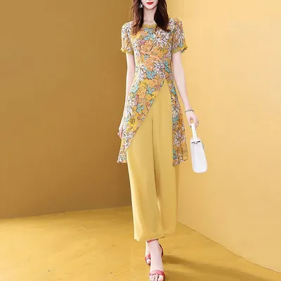 Женский шифоновый костюм с цветочным принтом Conjunto Feminino Ensemble Femme Survetement лето
