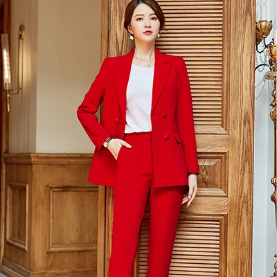 Red Pant Suits Женские комплекты из двух предметов, однотонные красные элегантные двубортные блейзеры и брюки с отложным воротником - Цвет: Red Pant Suits