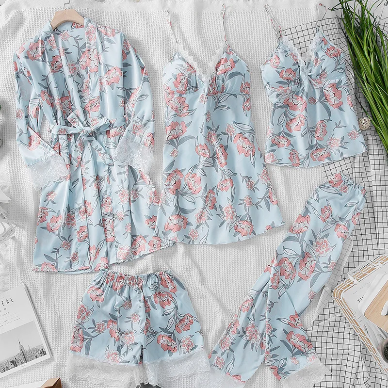 

New Spring Womens 5PC Strap Top Pants Suit Pajamas Sleepwear Sets Autumn Home Wear Nightwear Kimono Robe Bath Gown M-XL