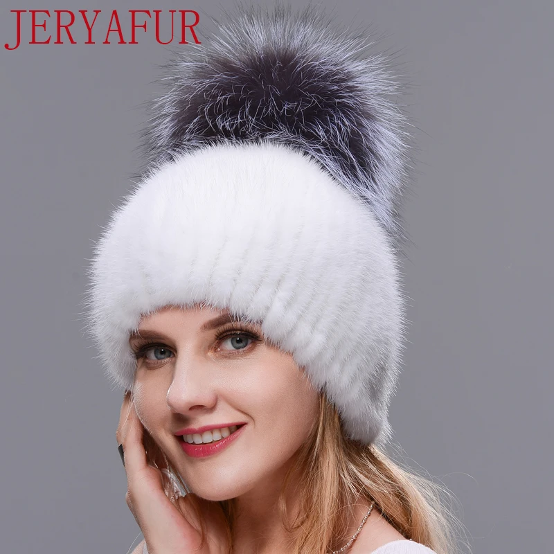 

New gourd hat water mink and fox fur stitching making real fur silver fox knitted liner hat Russian female winter fur hat