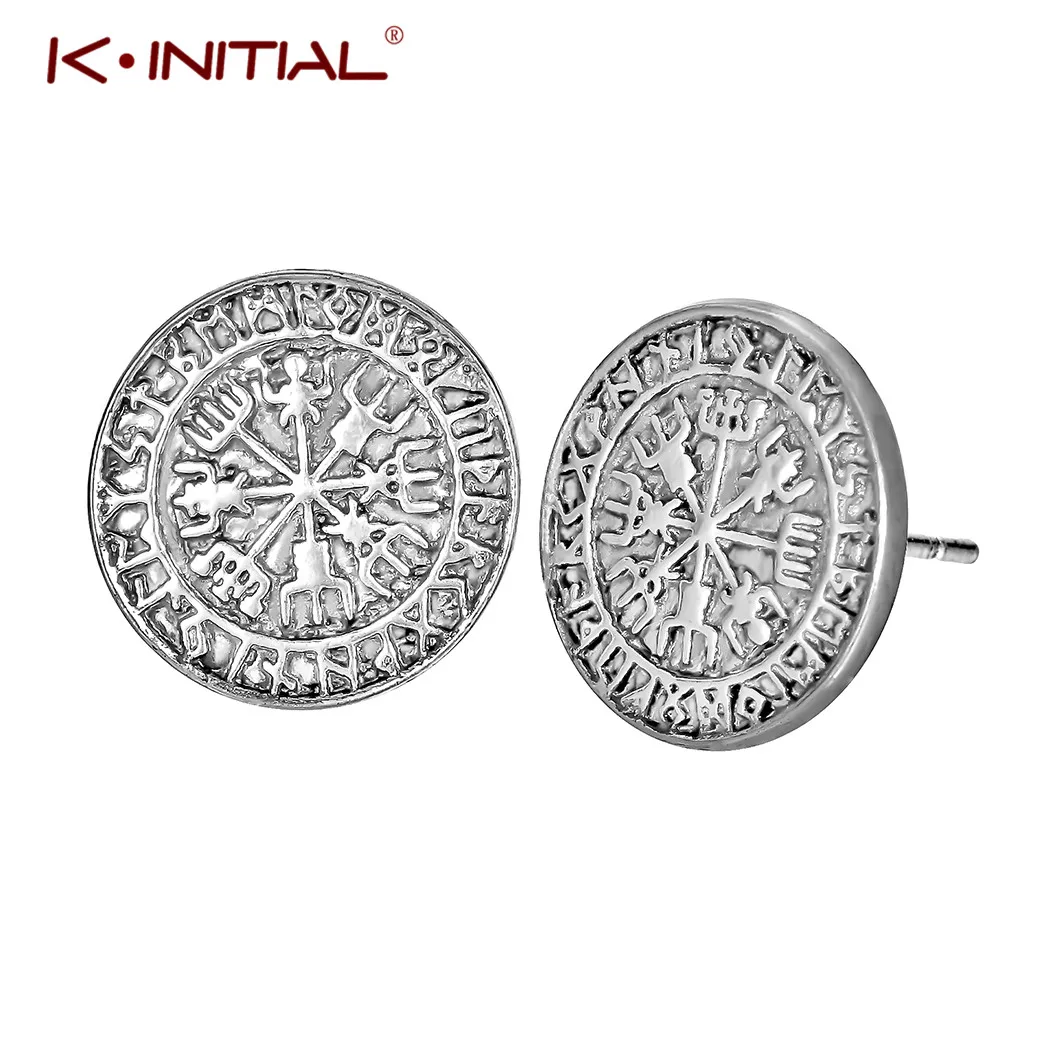 Мужские серьги гвоздики с компасом Kinitial винтажные геометрические имитацией руны