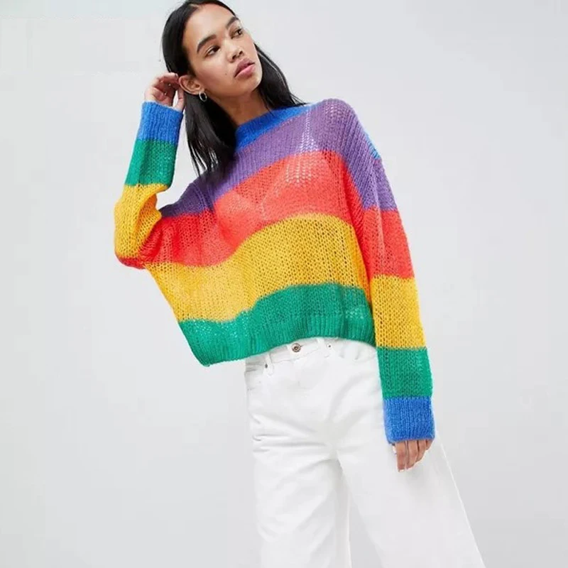 Autumn Winter New Ladies Pullover Sweater Colourful Thin Knitted Tops Loose Short Woolen Sweaters Fashion Women Streetwear | Женская