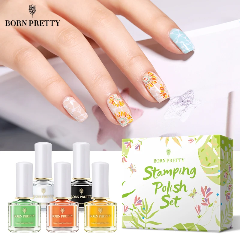 Родился довольно 5 Бутылка Stampping Польский Набор сезон: весна–лето серии Stamp плиты лак для шаблон печати масла комплект