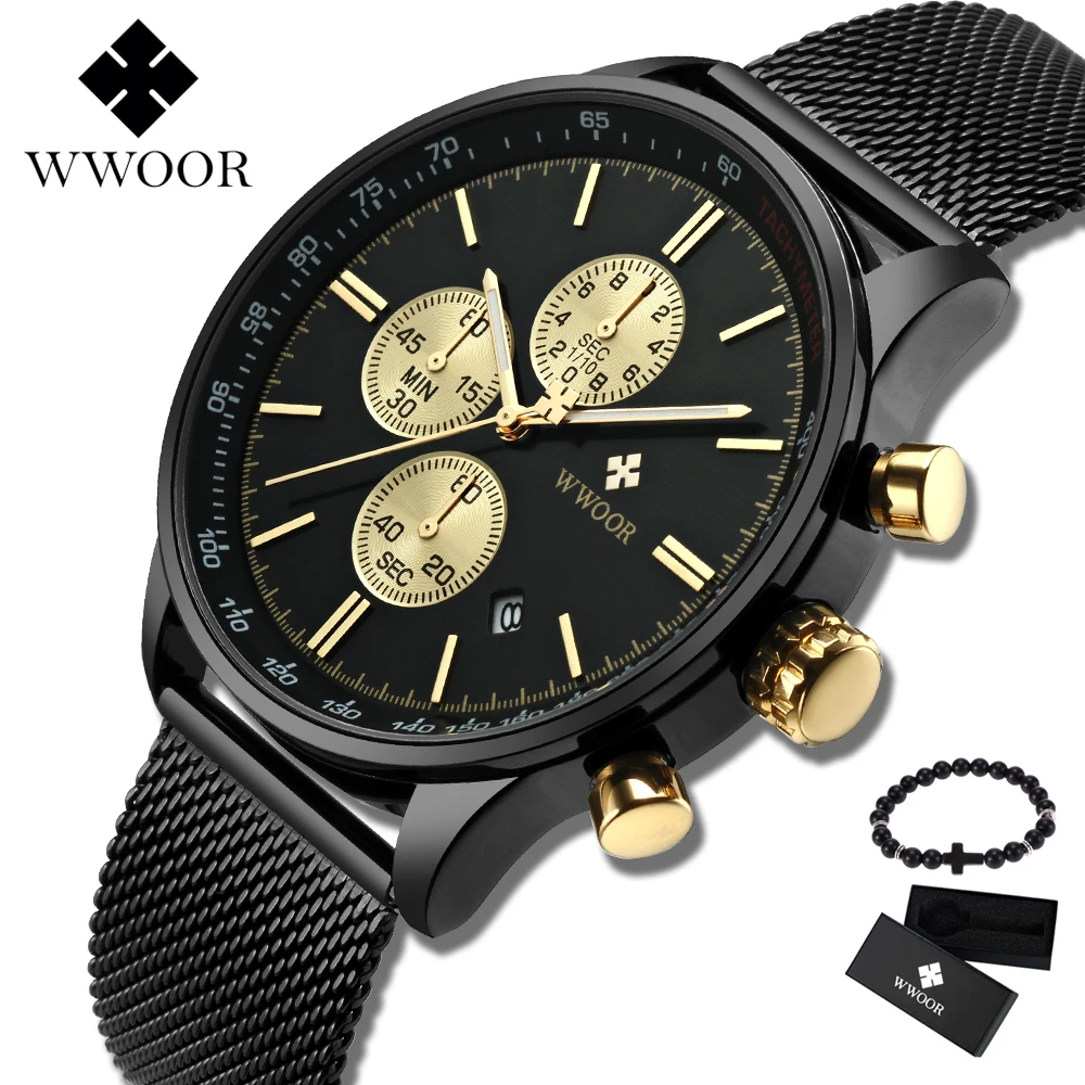 

Часы WWOOR Мужские кварцевые с хронографом, модные простые брендовые Роскошные деловые спортивные с сетчатым ремешком