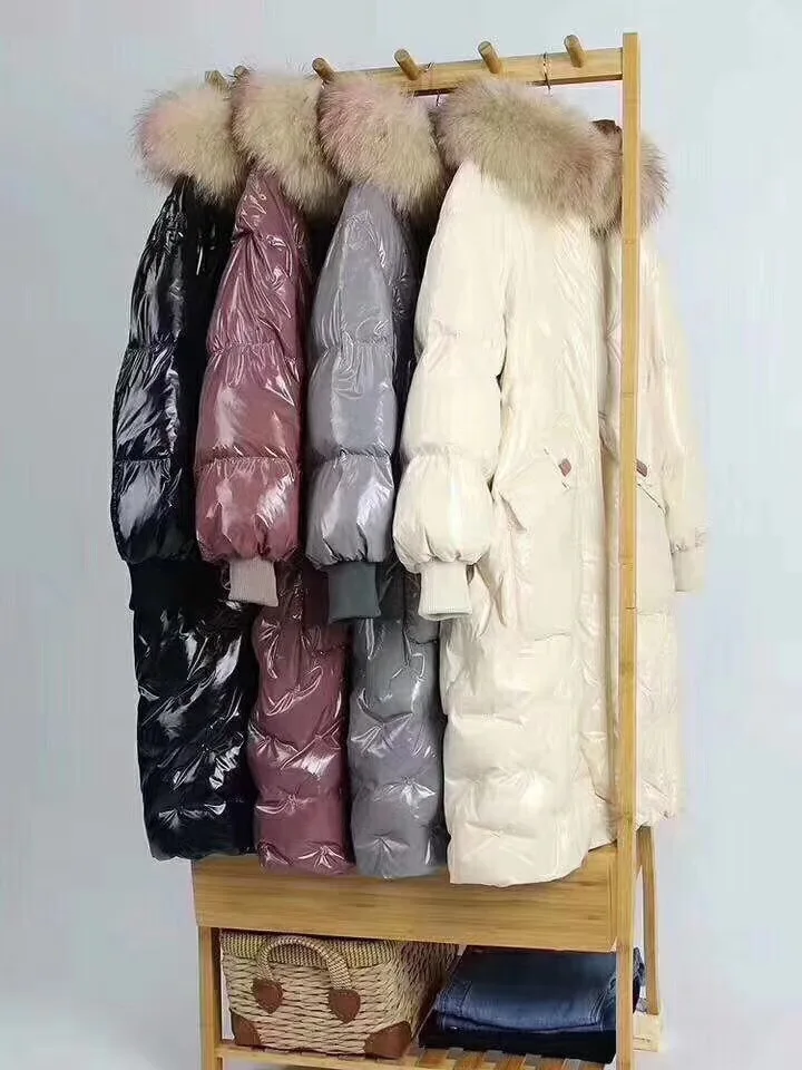 Зимний модный бренд, блестящая ткань, натуральный мех, с капюшоном, 90% утиный пух, парки, зимнее тонкое длинное плотное теплое пуховое пальто wq635
