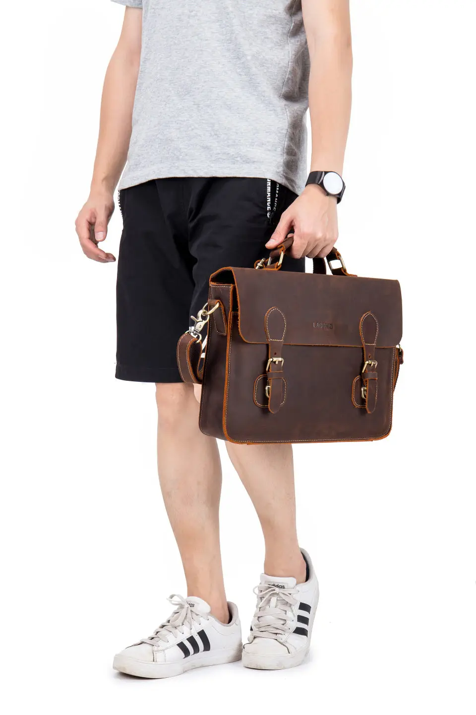 LAOSHIZI LUOSEN Men's Vintage Crazy Horse Leather Briefcase Messenger Shoulder Portfolio Laptop Bag Case Office Handbag