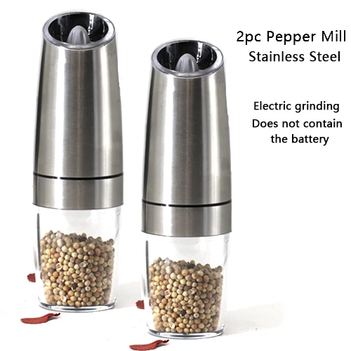 2pc Stainless Steel Электрическая автоматическая мельница для перца и соли светодиодный светильник Peper Spice зерновые мельницы фарфоровая мельница кухонные инструменты - Цвет: 2pc Stainless Steel
