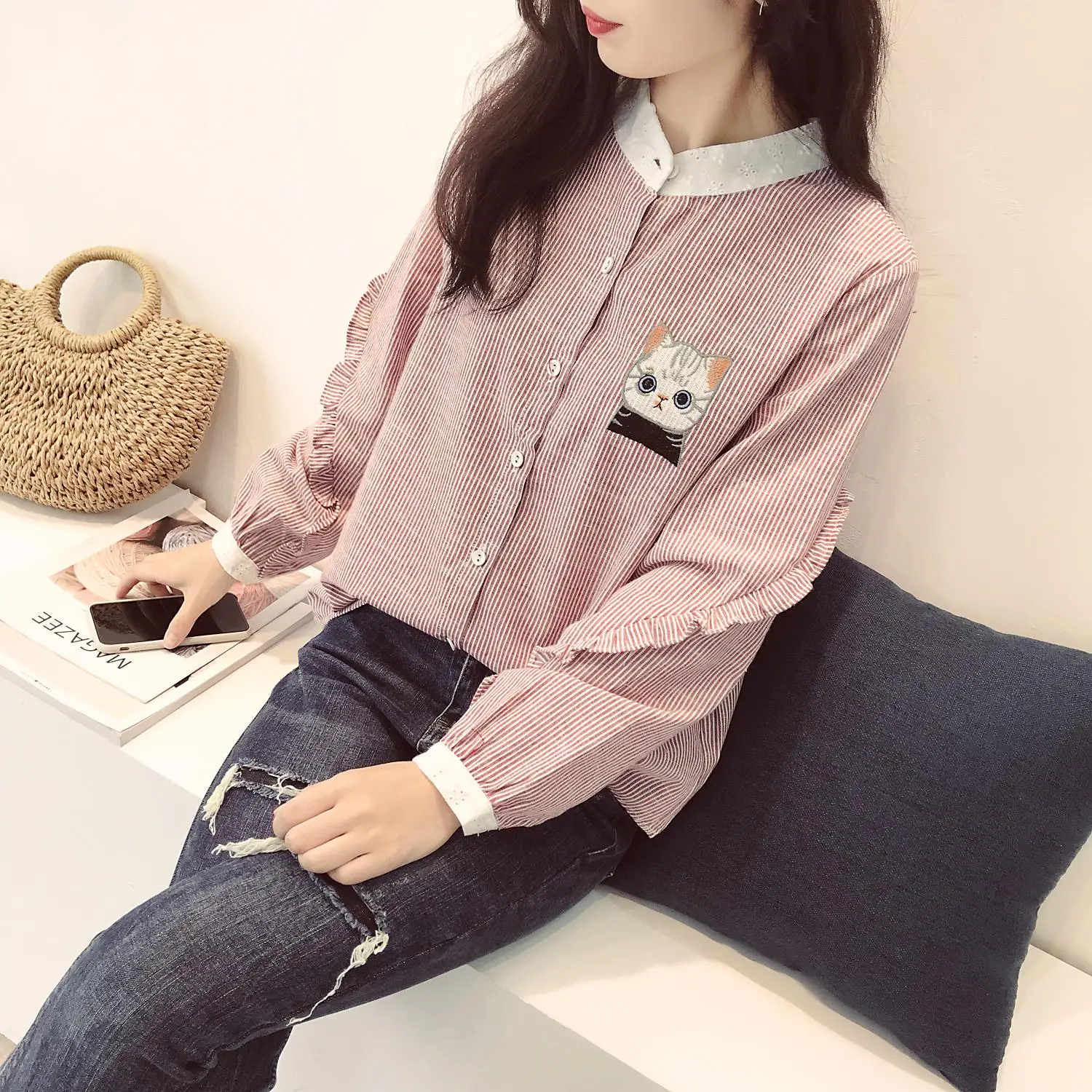 Blusas Femininas Новинка весны кошка вышивка полосатая блузка Для женщин с длинными