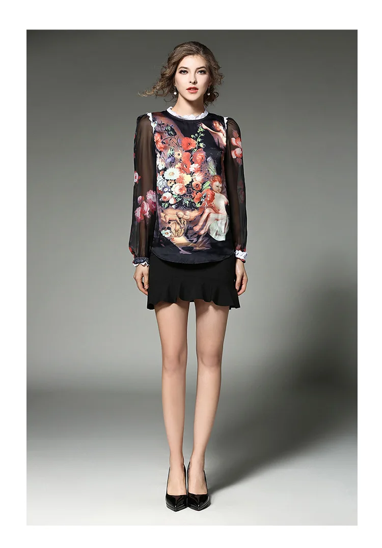S-XL Women 2018 Summer Runway Blusas Feminina Angel Fashion Blouse Shirt Long Sleeve Silk Printing Painting Sexy Plus Size Top |