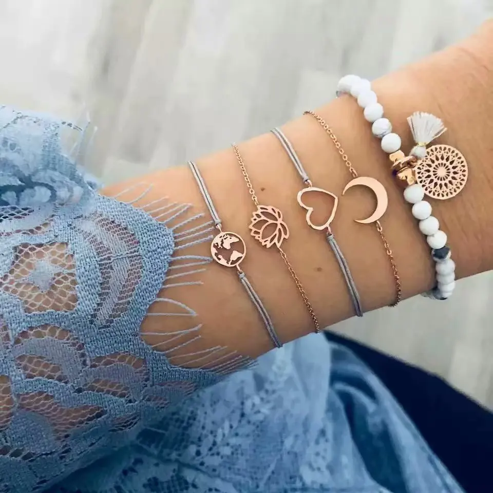 

WNGMNGL New 6pcs Heart Stone Tassel Moon Bracelets Set Drop Bracelets&Gold Bangle For Women Charm Statement 2019 Fashion Jewelry