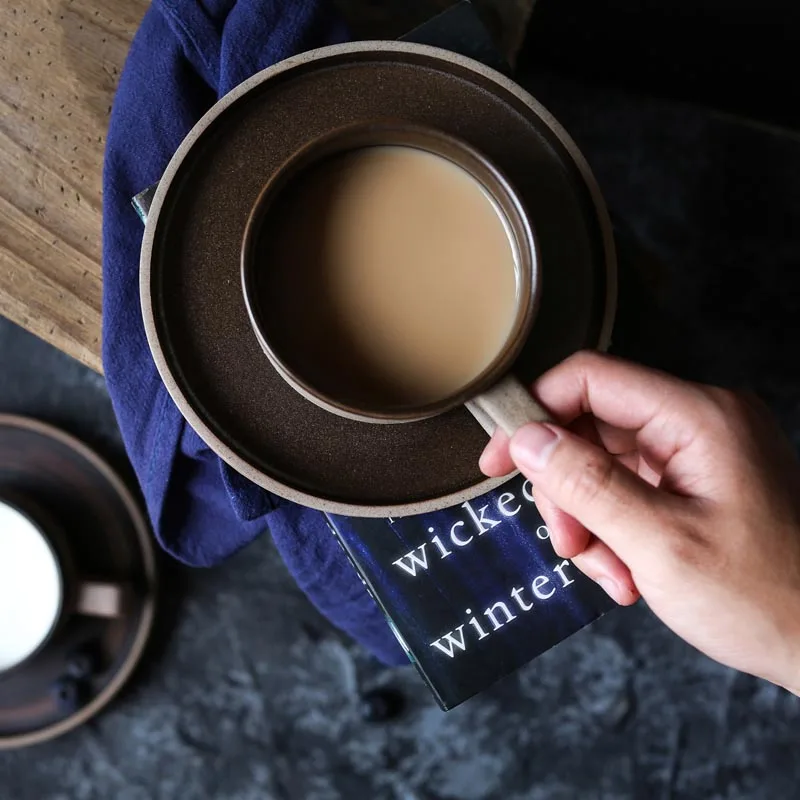 

250ml Vintage Coffee Cup with Saucer Handmade Brief Coarse Pottery Mug Office Coffee Cup Tea Milk Water Breakfast Drinkware Gift