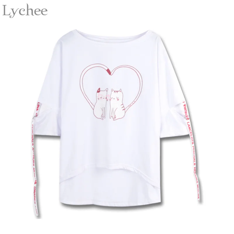 Женская летняя футболка Lychee с вырезами Милая принтом в виде кота и надписи Love на