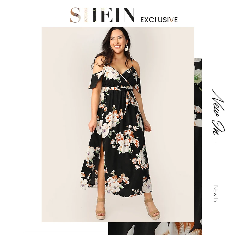 SHEIN, Платье макси с открытыми плечами размера плюс, растительное платье с запахом,, женское летнее платье в стиле бохо, облегающее и расклешенное платье с высокой талией на тонких бретелях